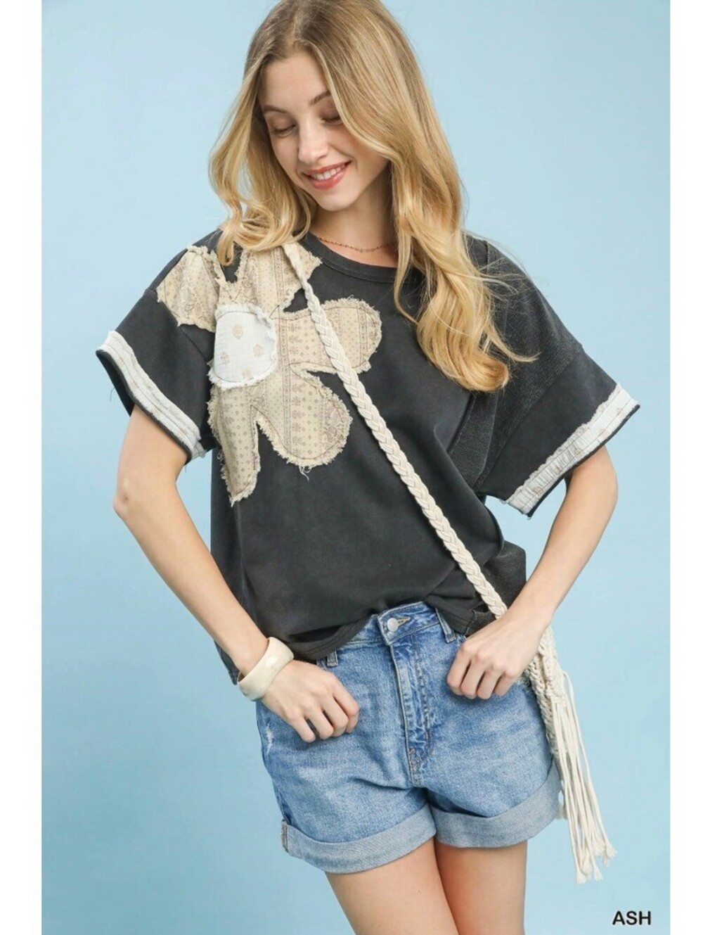 NWT Umgee S M L Charcoal Mineral Wash Patchwork Flower Oversized Boho Top
